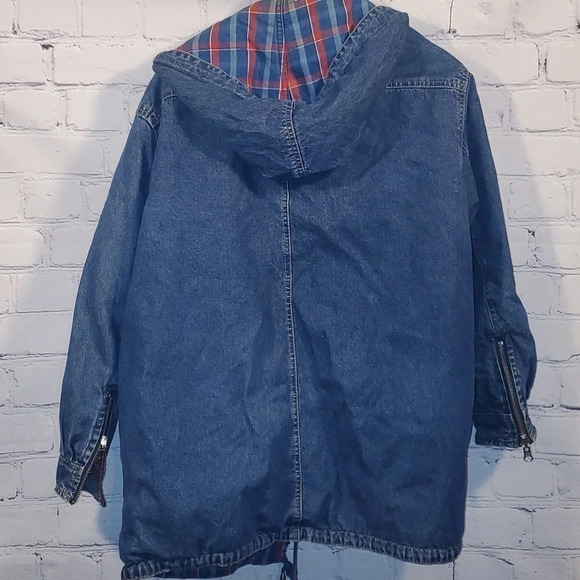 Vintage 90's Denim and Plaid Zip Up Midweight Reversible Coat w Zipper Sleeves - Picture 7 of 16